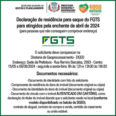 Declaração de residência para saque do FGTS para atingidos pela inundação de abril de 2024