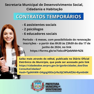 Secretaria de Desenvolvimento Social fará 14 contratações temporárias